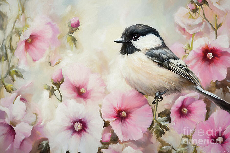 Chickadee In The Pink Pansies Painting by Tina LeCour Chickadee In The Pink Pansies Painting by Tina LeCour