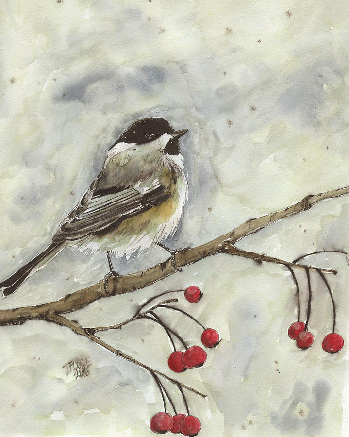Chickadee In The Snow In Watercolor Painting