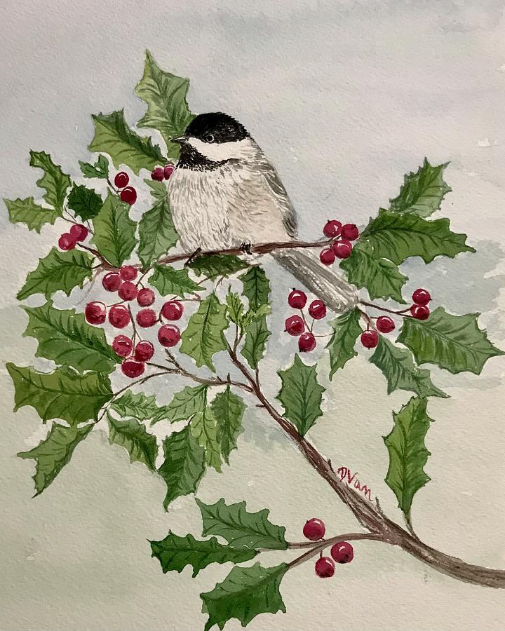 Chickadee on holly Painting by Denise Van Deroef