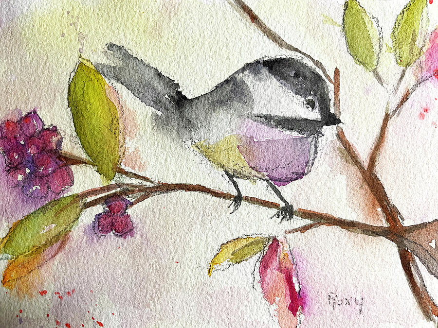 Chickadee perched in a Tree Painting by Roxy Rich