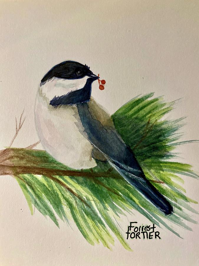 Chickadee with Berries Painting by Forrest Fortier