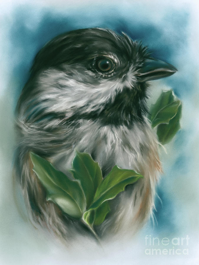 Chickadee with Live Oak Leaves Painting by MM Anderson