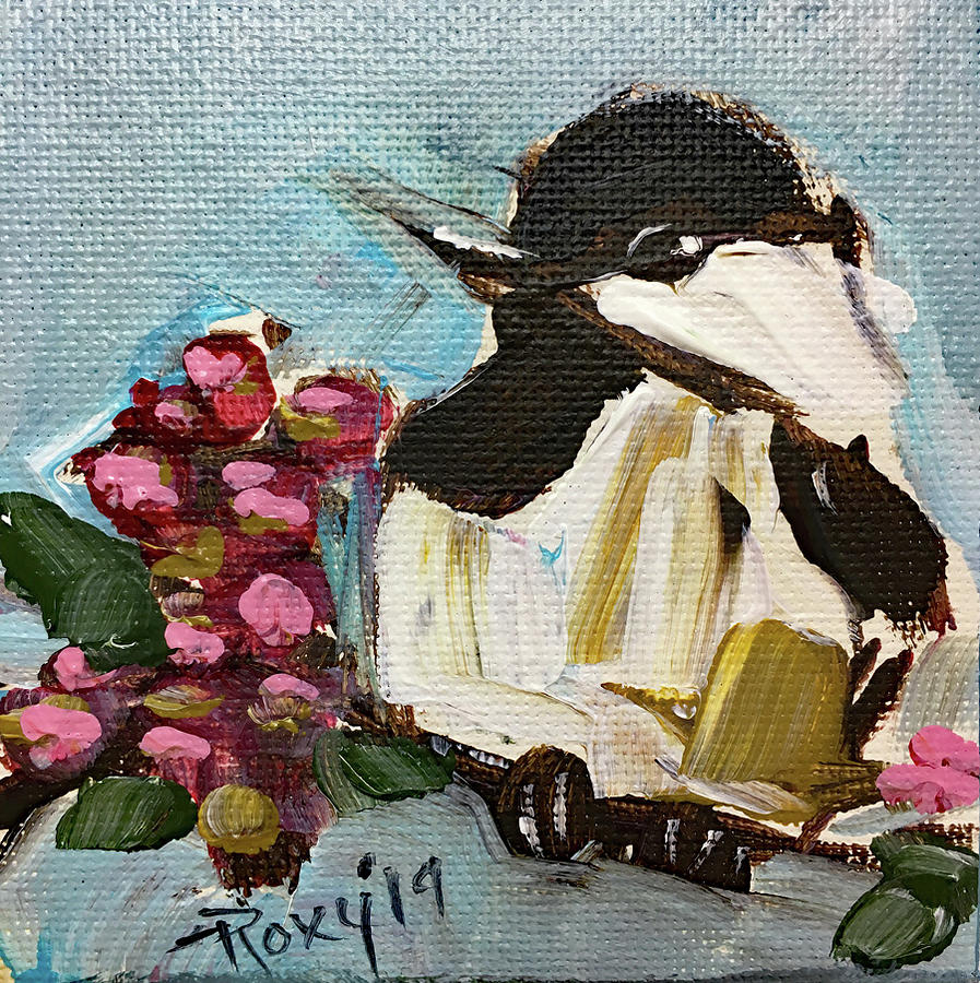 Chickadee with Pink Berries Painting by Roxy Rich