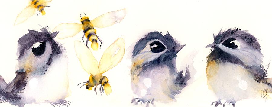 Chickadees and Bees Painting by Dawn Derman