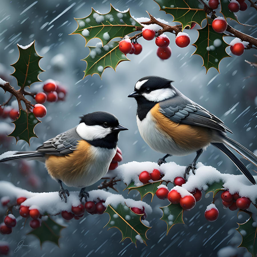 Bird Digital Art - Chickadees and Holly by Greg Joens Bird Digital Art - Chickadees and Holly by Greg Joens