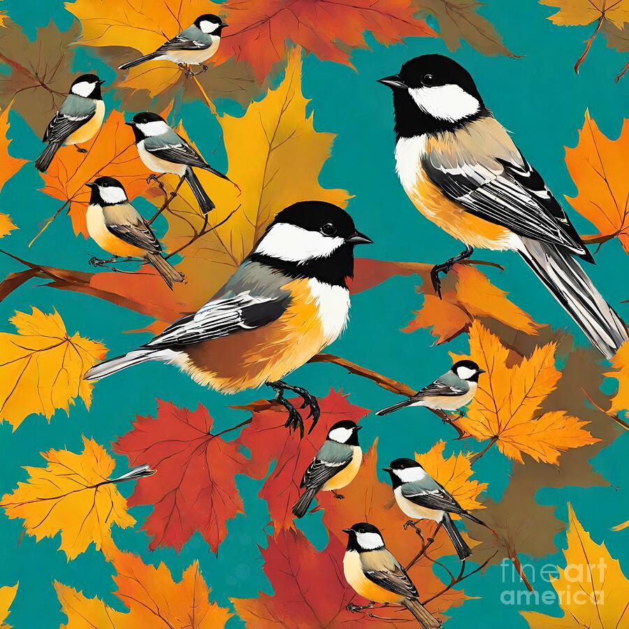 Bird Mixed Media - Chickadees in Autumn Day by Aesha Mohamed