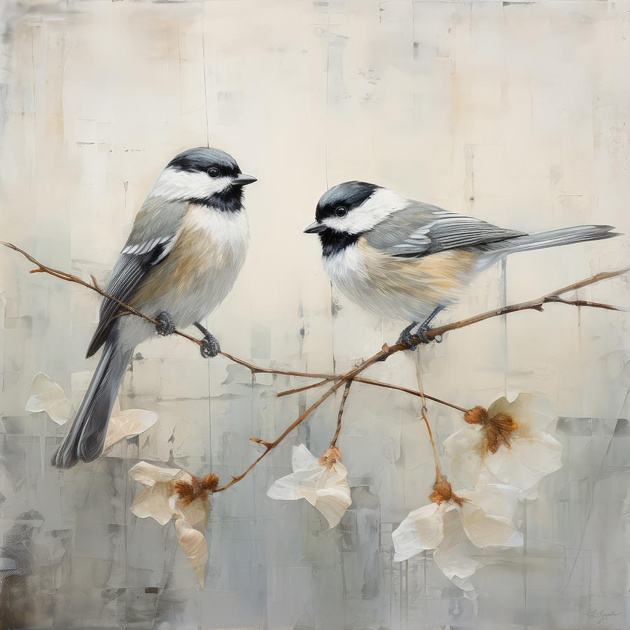 Chickadee Painting - Chickadees in Serene Neutrals by Lourry Legarde