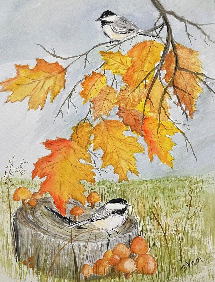 Chickadees in the Oak Painting by Denise Van Deroef