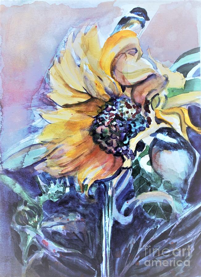Chickadees on a Sunflower Painting by Mindy Newman