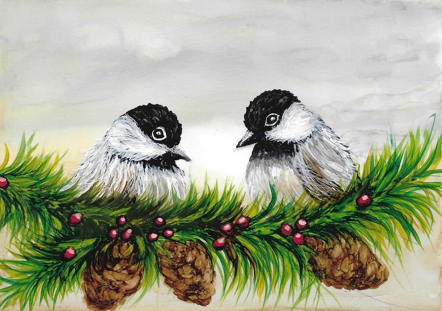 Chickadees Winter Conversation Painting by Linda Stanton
