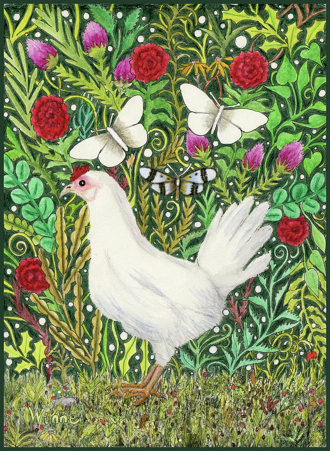 Chicken in the Millefleurs with Three Muses Painting by Lise Winne