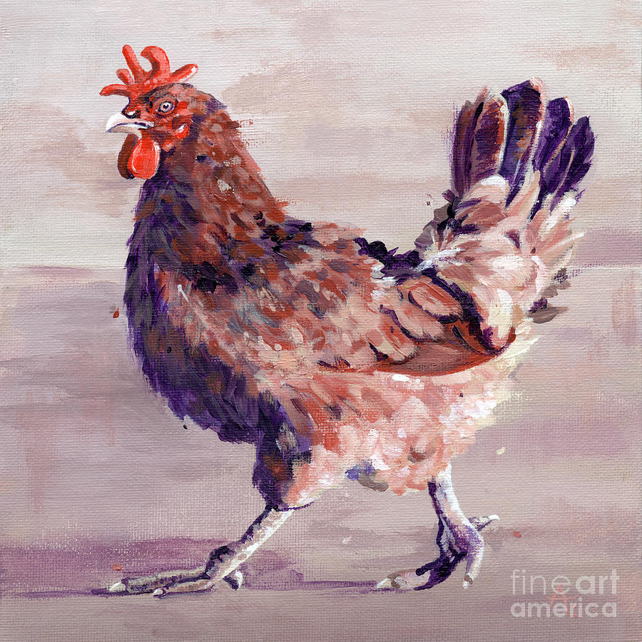 Chicken Strut - painting with background Painting by Annie Troe