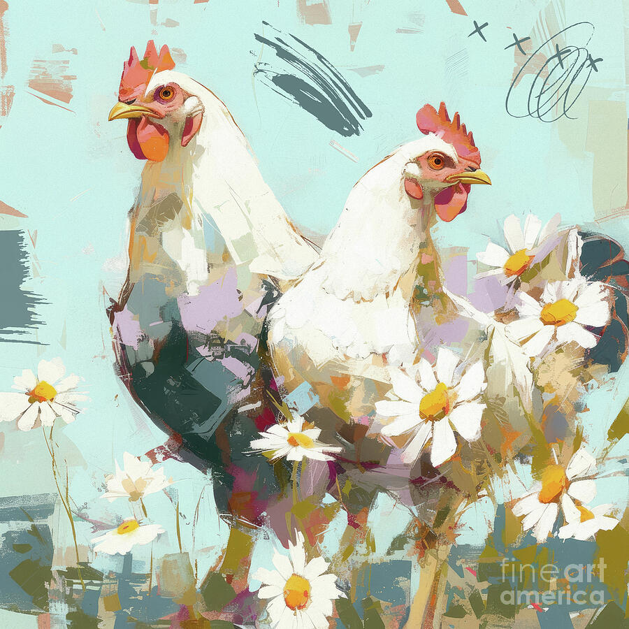Chickens And Daisies Painting by Tina LeCour Chickens And Daisies Painting by Tina LeCour