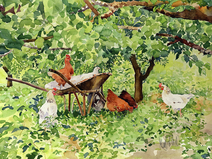 Tree Painting - Chickens beneath my nectarine tree by Margaret Merry