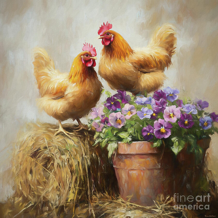 Chickens In The Pansies Painting by Tina LeCour Chickens In The Pansies Painting by Tina LeCour