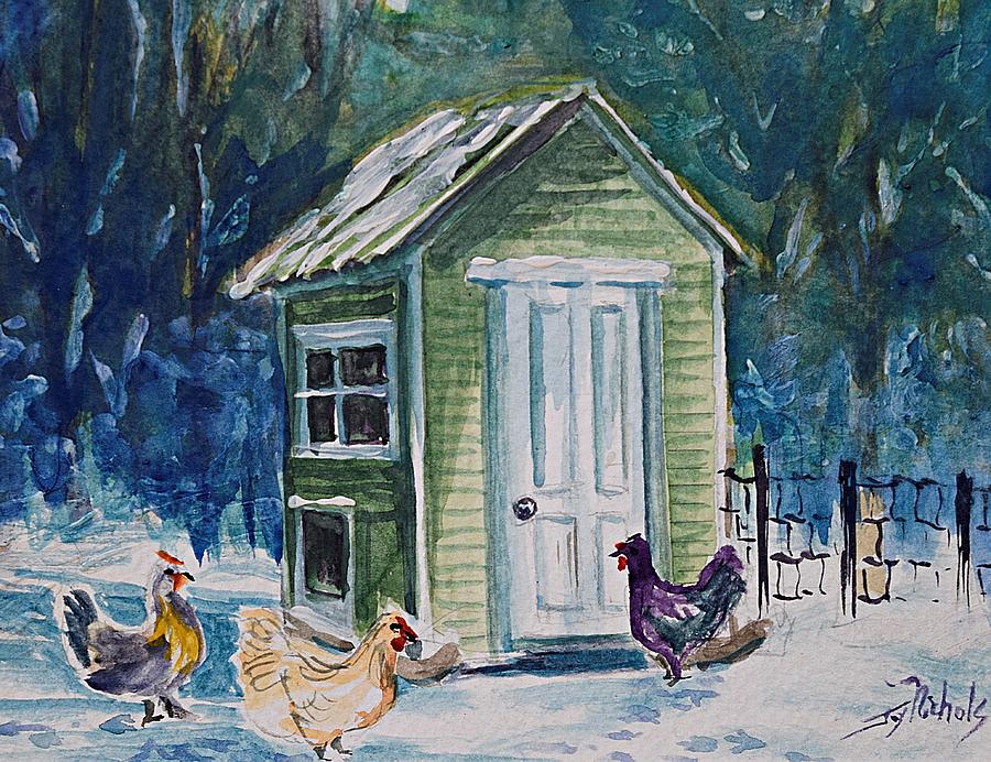 Winter Painting - Chickens In The Snow by Joy Nichols