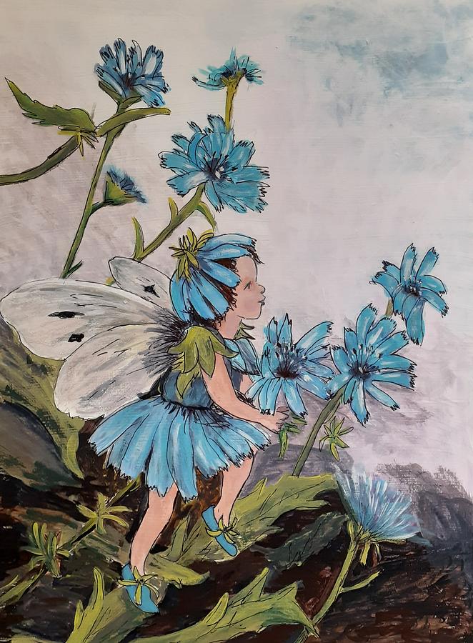 Chicory Fairy After Cicely Mary Barker  Painting by Betty-Anne McDonald
