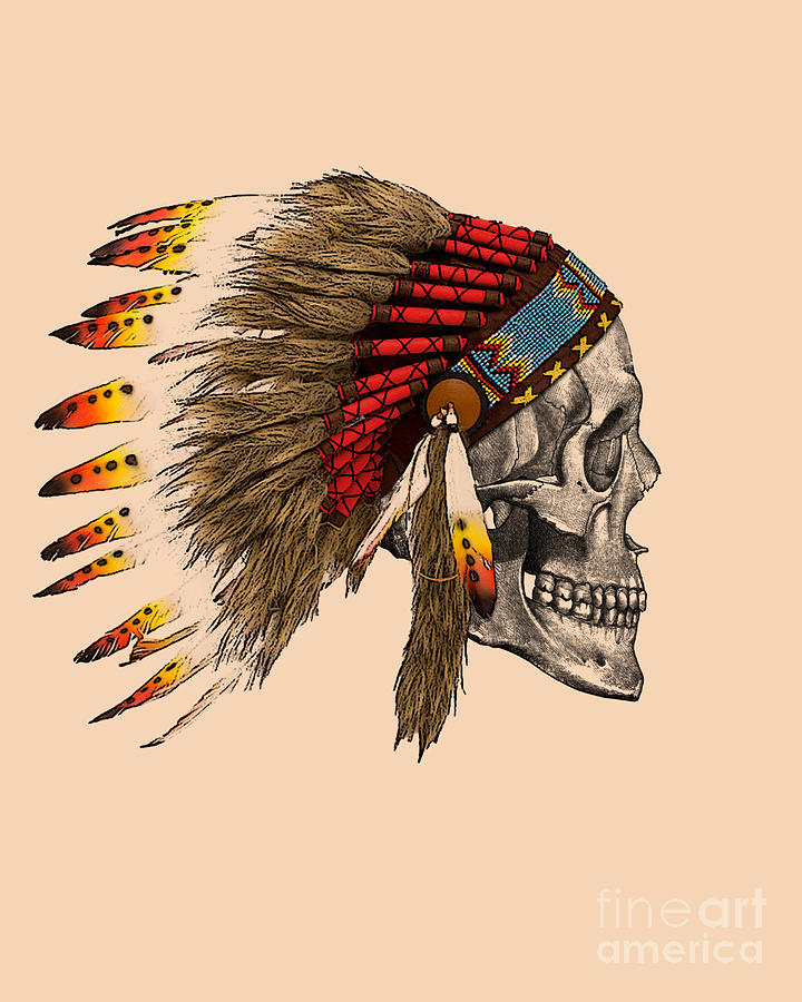 Feather Digital Art - Chief headdress on human skull native american art by Madame Memento