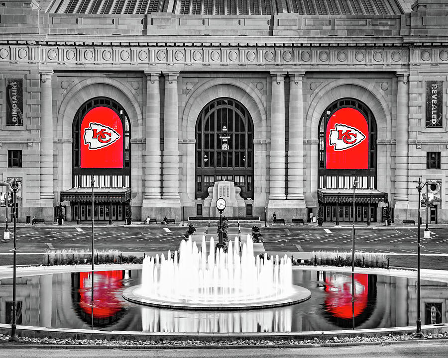 Kansas City Photograph - Chiefs Banner Reflections - Kansas City Union Station in Selective Color by Gregory Ballos