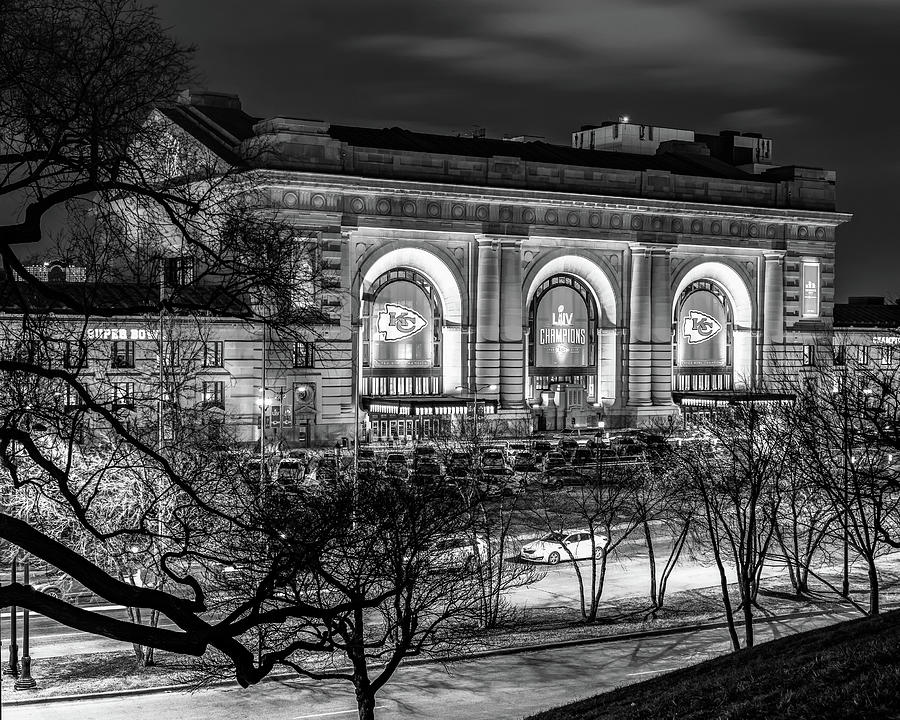 Kansas City Chiefs Photograph - Chiefs Banners on Union Station - Kansas City Monochrome by Gregory Ballos