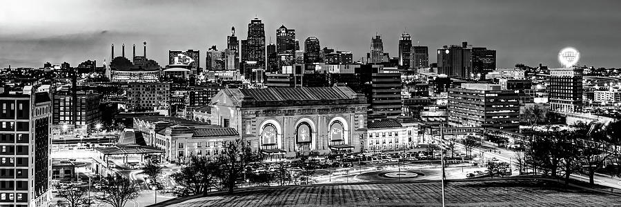 Chiefs Cityscape and the Kansas City Skyline - Black and White Panorama Photograph by Gregory Ballos
