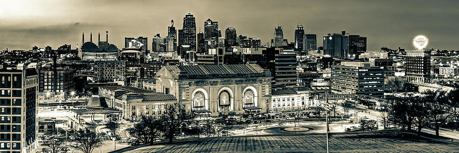 Chiefs Cityscape and the Kansas City Skyline - Sepia Panorama Photograph by Gregory Ballos