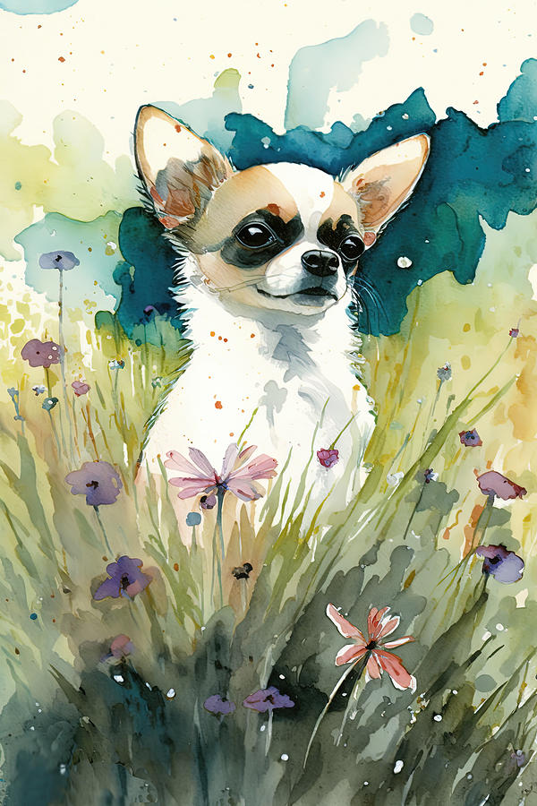 Chihuahua in a flower field 2 Digital Art by Debbie Brown