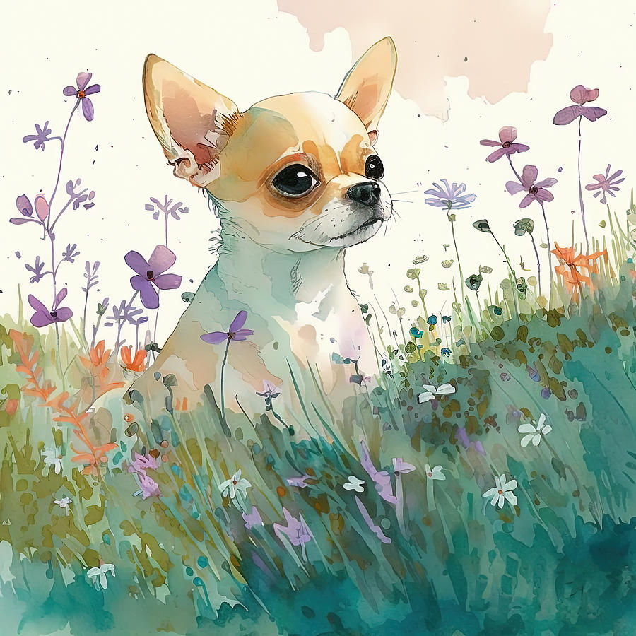 Chihuahua in a flower field 4 Digital Art by Debbie Brown