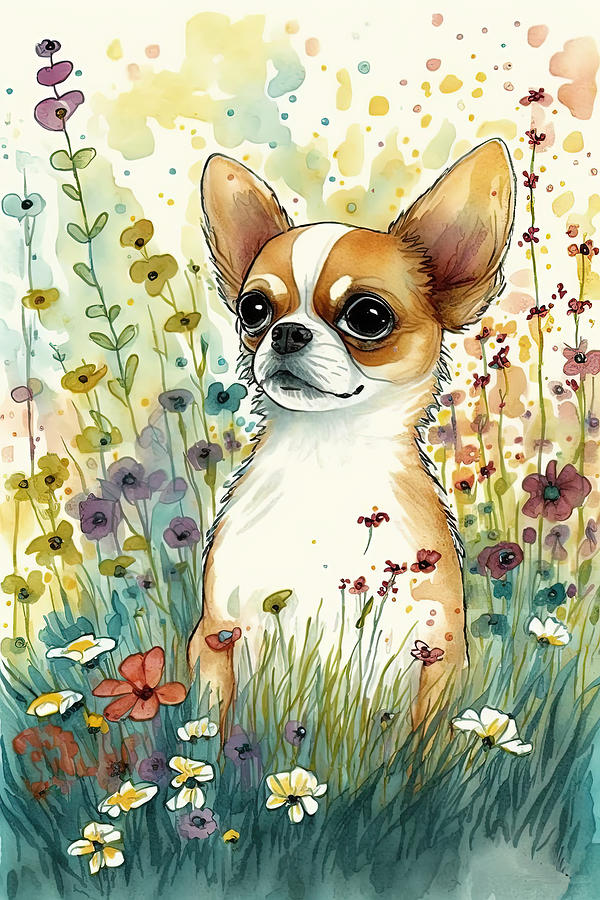 Chihuahua in a flower field Digital Art by Debbie Brown