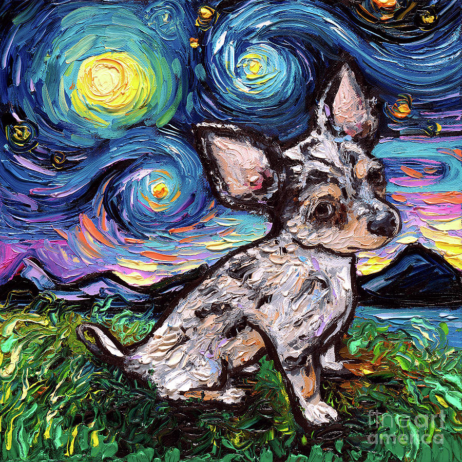 Chihuahua Merle Teacup Night Painting by Aja Trier