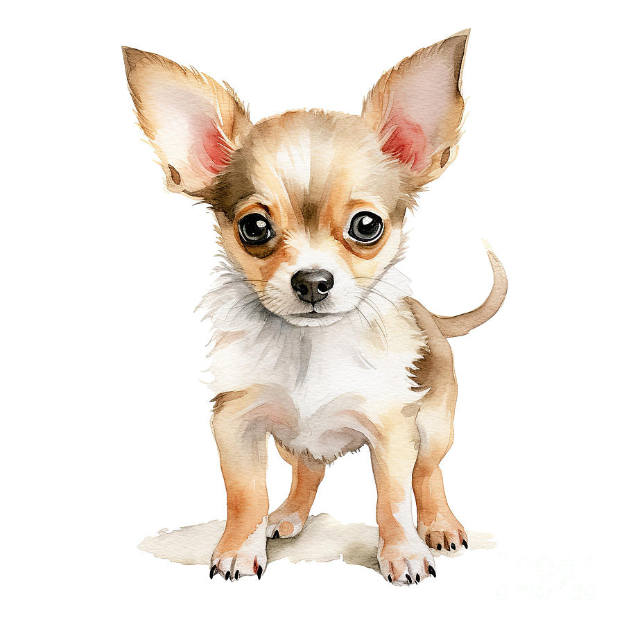 Chihuahua puppy. Stylized watercolour digital illustration of a cute dog with big eyes.  Photograph by Jane Rix