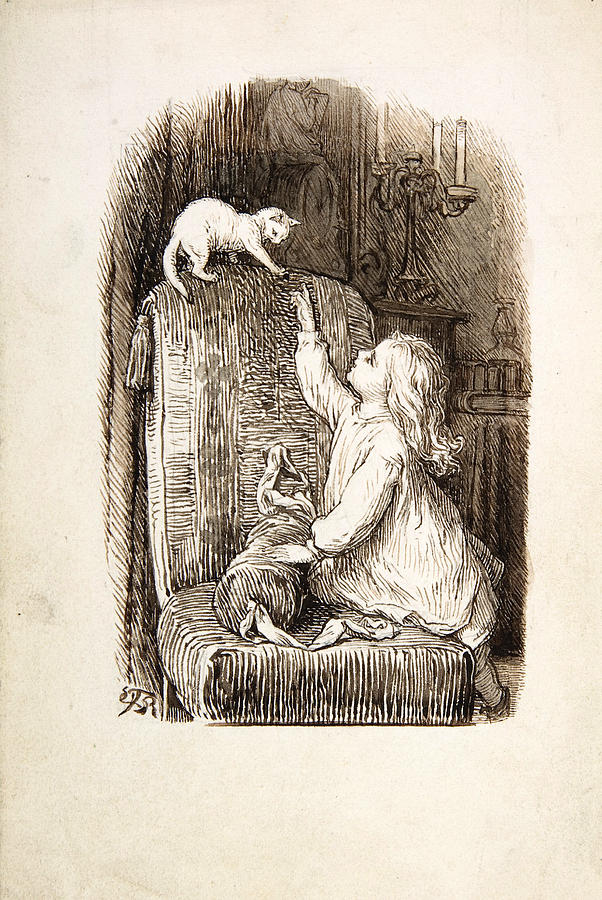 Child Climbing a Chair to Reach for a Kitten Drawing by Lorenz Frolich