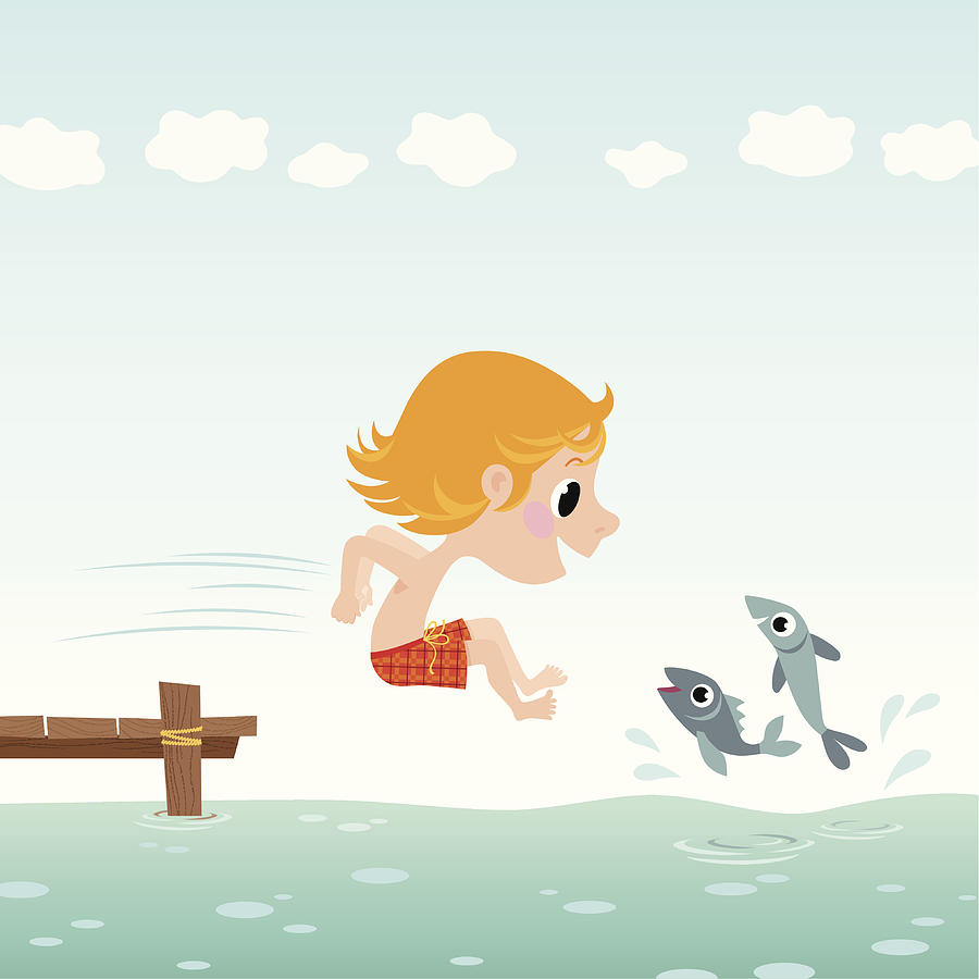 Child  jumps into water. Drawing by InnaBodrova
