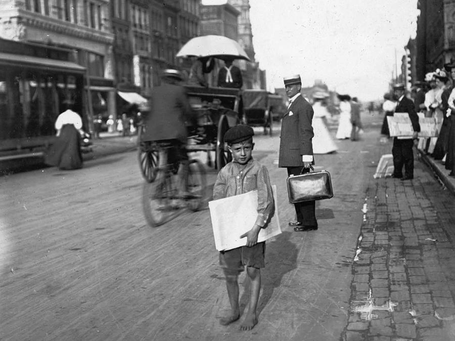 Child Labor In America 1908 1914 By Lewis Hine  A Barefoot Indianapolis Newsie In August Of 1908 Painting
