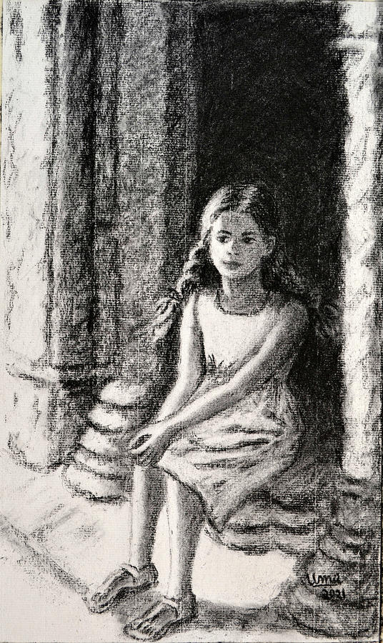 Child sitting in the doorway Drawing by Uma Krishnamoorthy