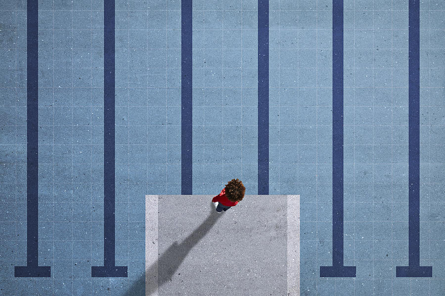 Child standing on painted imaginary pool & diving platform Photograph by Klaus Vedfelt