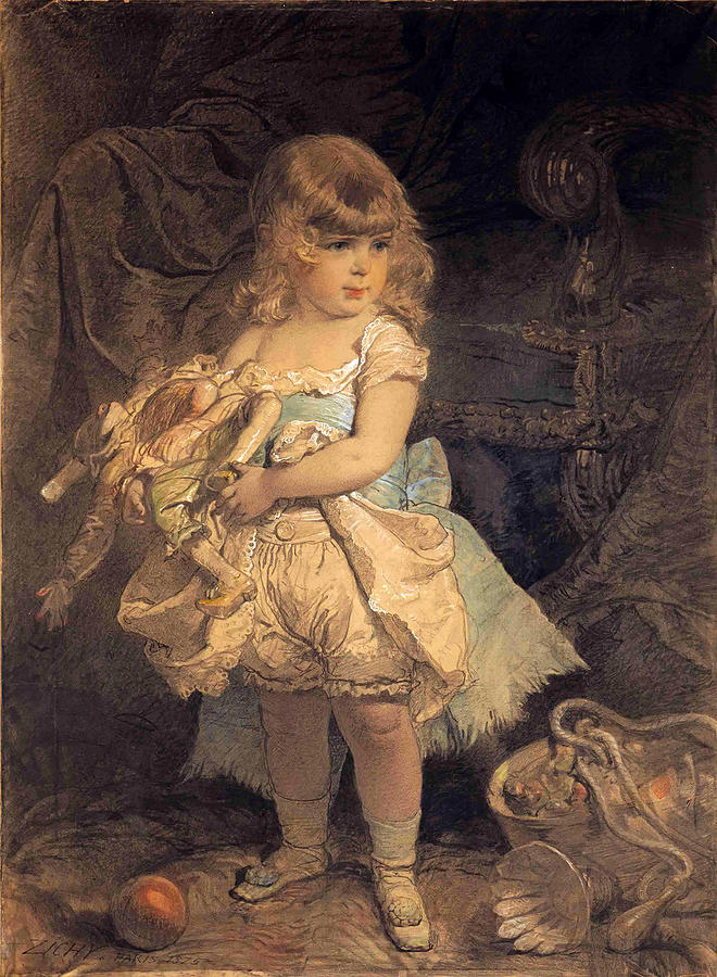 Child with doll Drawing by Mihaly Zichy