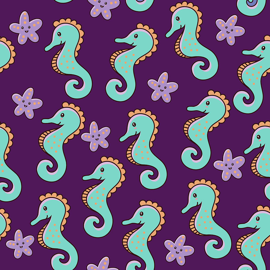 Childish Nautical Seamless Pattern With Seahorses And Starfishes Drawing