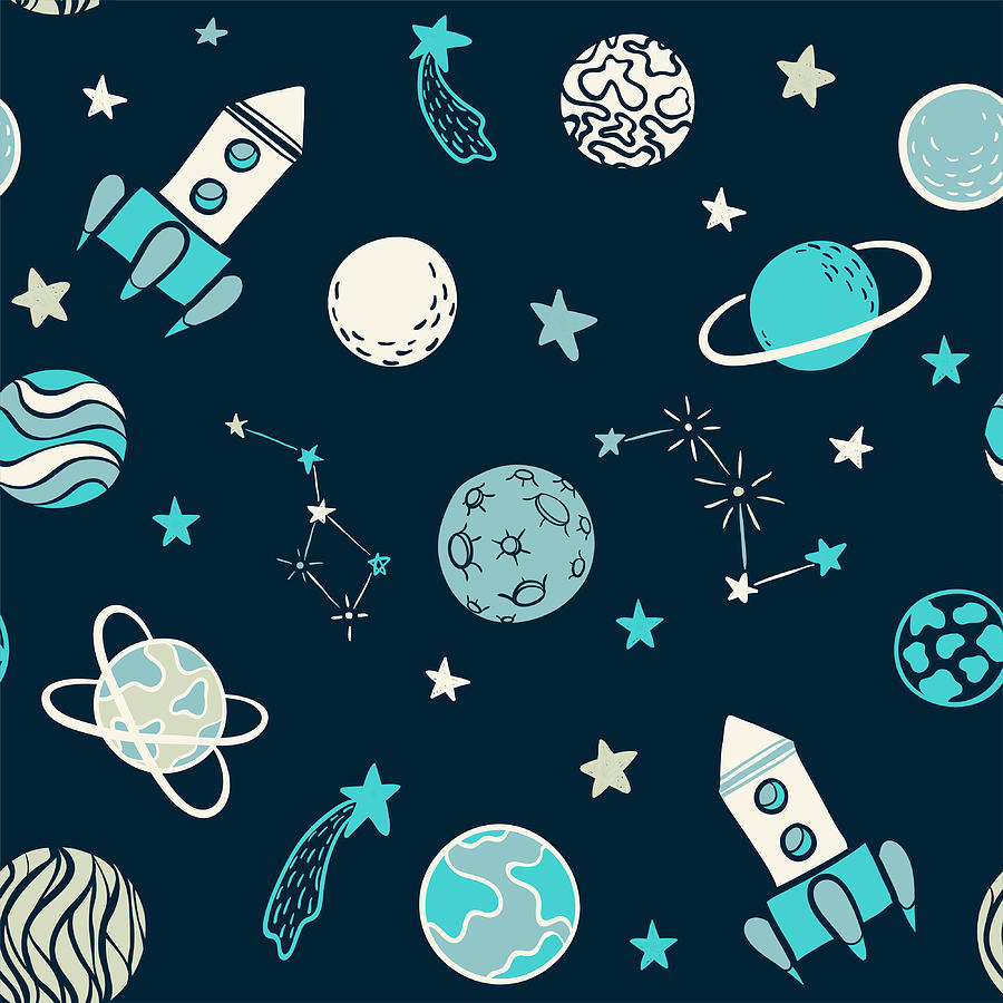 Childish seamless pattern. hand drawn space elements space, rocket, star,  planet, space probe. Trendy kids vector illustration for wrapping, poster,  web design, kids fabric, textile, nursery wallpaper. Drawing by Yevheniia  Hulinska -