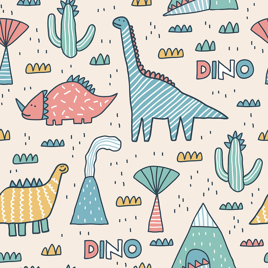 Dinosaur Drawing - Childish seamless pattern with mountain, volcano, dinosaurs and tropical plants. texture in childish style. Scandinavian style.  by Julien