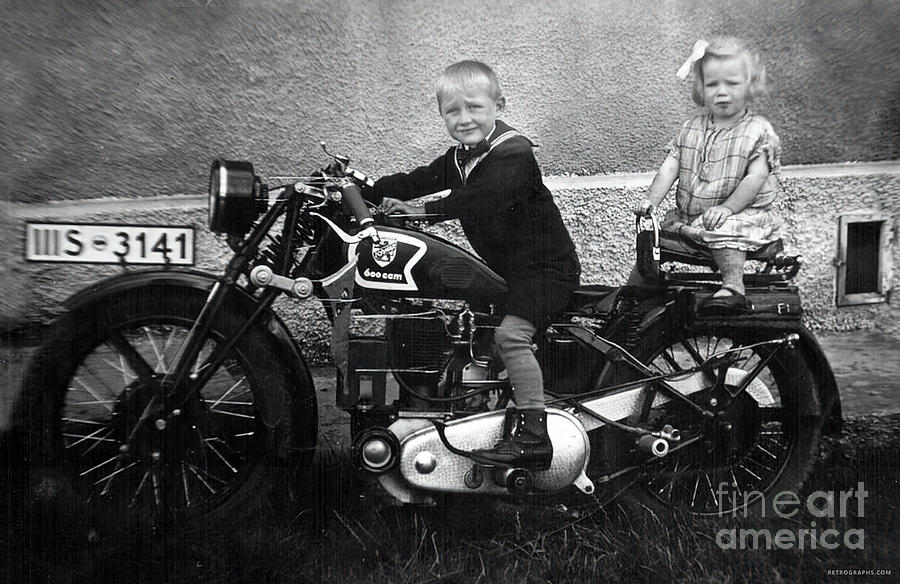 Children and vintage 1920s motorcycle Photograph by Retrographs