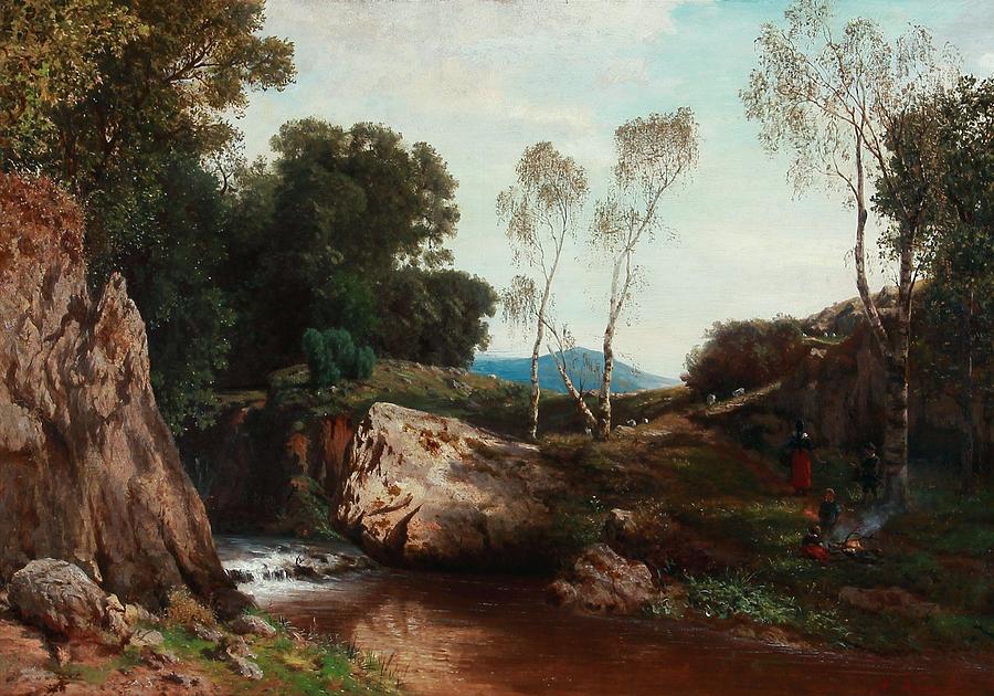 Mountain Painting - Children at a stream in the mountains by Albert Arnz