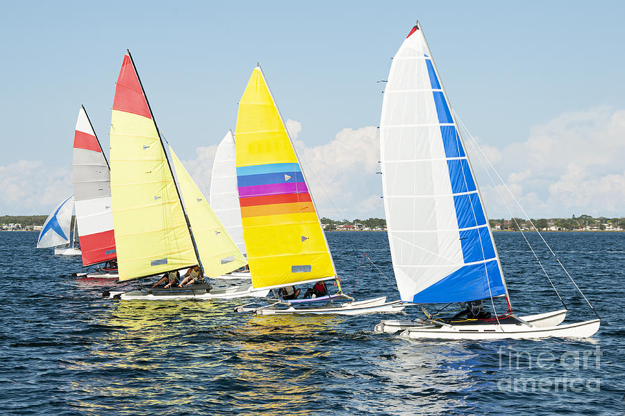 Children close sailing, racing catamarans with brightly coloured Photograph by Geoff Childs