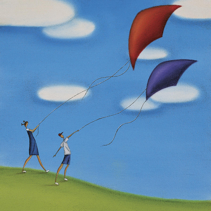 Children Flying a Kite on a Hill Drawing by Mandy Pritty