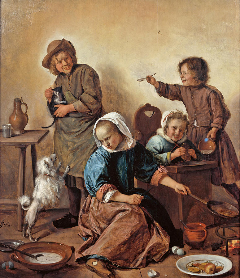 Children Frying Pancakes Painting by Jan Steen