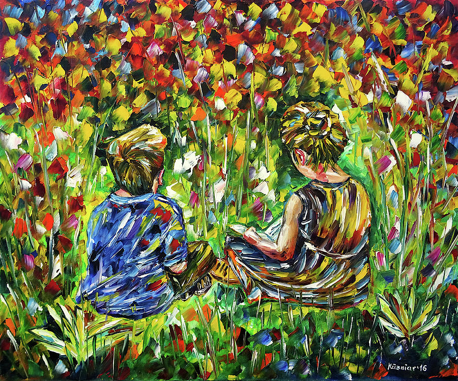Children In The Garden Painting by Mirek Kuzniar