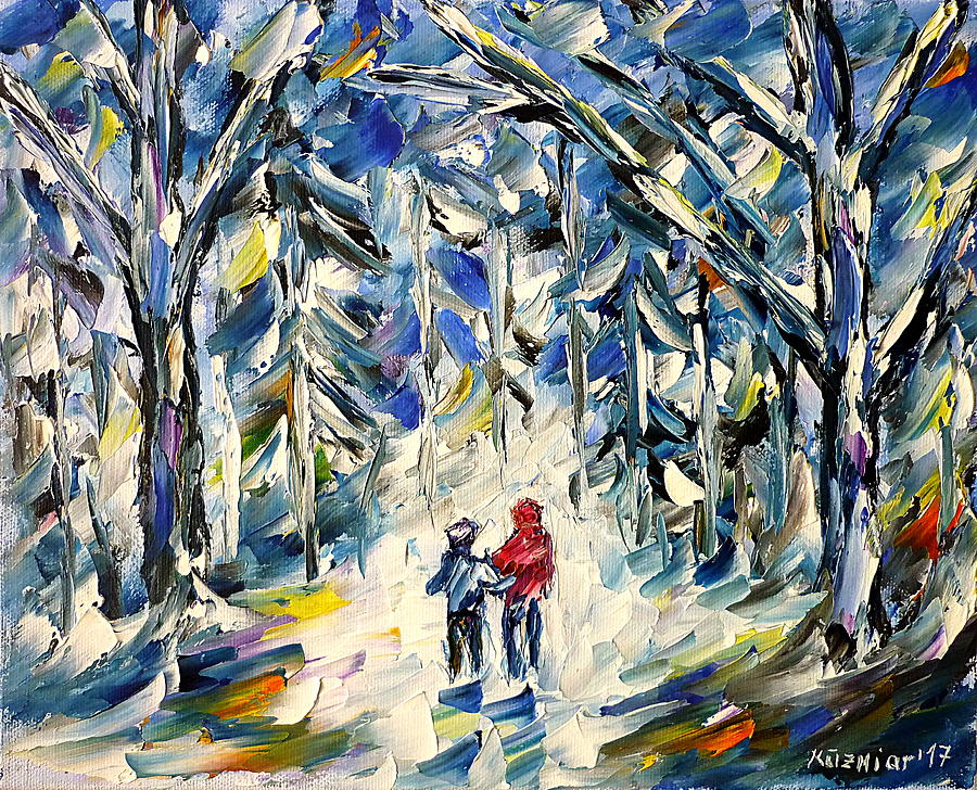 Children In Winter Forest Painting by Mirek Kuzniar