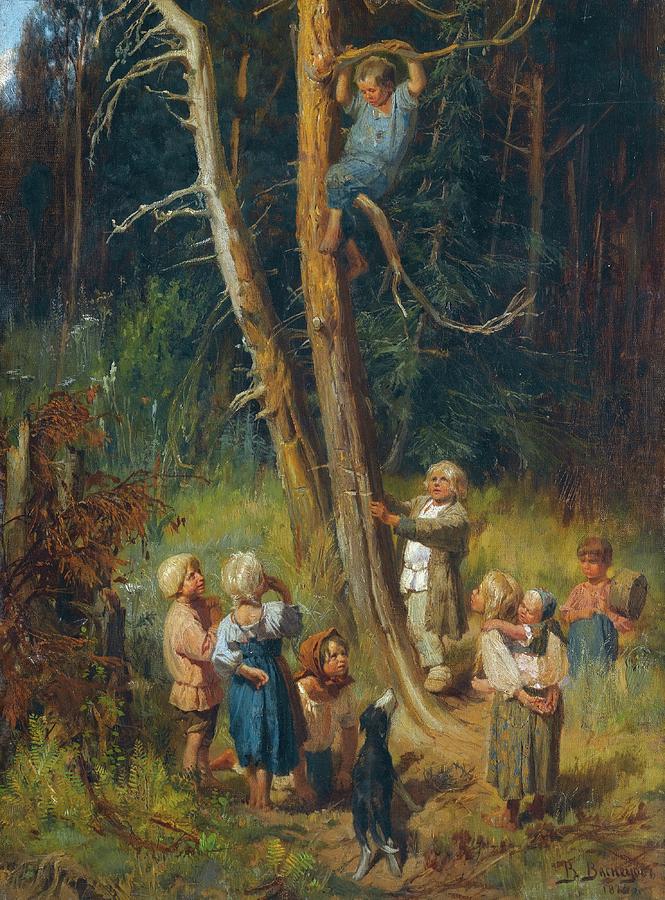 Vintage Painting - Children raiding nests in the forest by Viktor Mikhailovich Vasnetsov