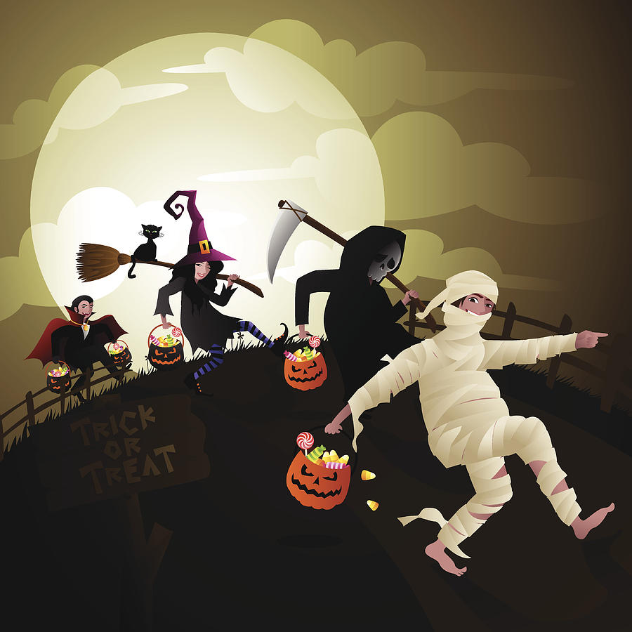 Children Trick or Treat on Halloween Vector Drawing by Annarki