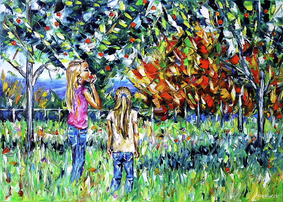 Children under the apple tree Painting by Mirek Kuzniar